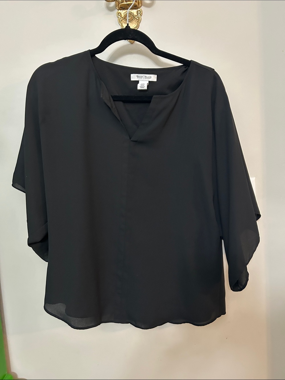 White House Black Market Black Notch-Neck Chiffon Blouse